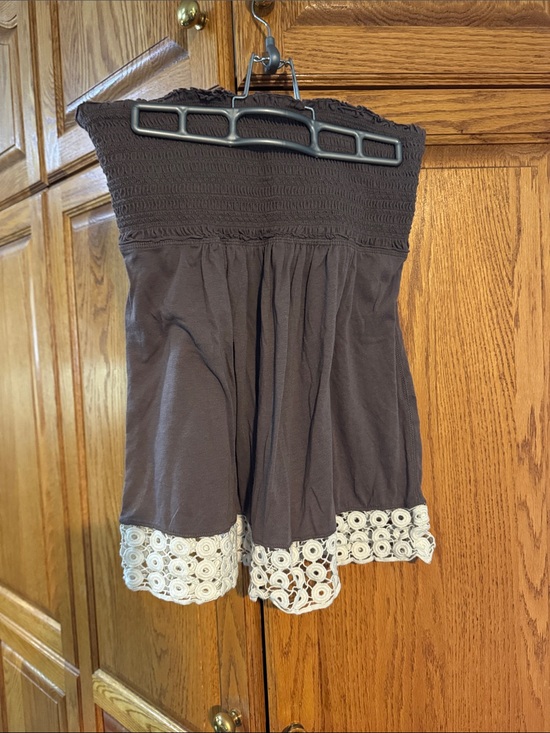 Victoria's Secret Tops - Victoria's Secret Brown Strapless Smocked Tank with White Lace Trim